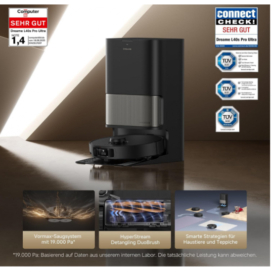 Dreame L40s Pro Ultra Saugroboter – Selbstreinigende Wischmopps, 19.000 Pa Saugkraft, 100% Detangling DuoBrush, Hindernisvermeidung, Ausfahrbare Mopps, Sprachsteuerung