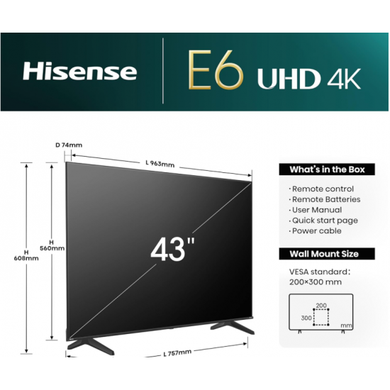 Hisense 43E6NT 108 cm (43 Zoll) 4K UHD Smart TV – HDR, Dolby Vision, Precision Colour, 60Hz, Triple Tuner, HDMI 2.1, Bluetooth, WiFi, Alexa Built-in, Schwarz [Modell 2024, Energieklasse E]