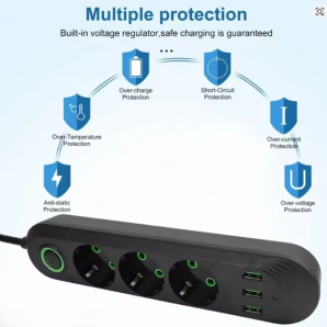 2500W Steckdosenleiste mit 3 USB-Anschlüssen | EU-Stecker, 2m Verlängerungskabel, Schnellladen, Sicherer AC-Adapte
