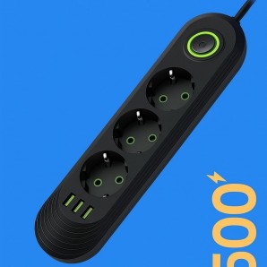 2500W Steckdosenleiste mit 3 USB-Anschlüssen | EU-Stecker, 2m Verlängerungskabel, Schnellladen, Sicherer AC-Adapte