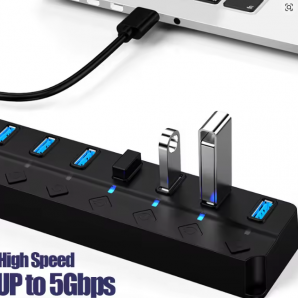 USB Hub 3.0 & 2.0 mit Netzteil – Multi USB Splitter Hub mit 4/7 Ports, High Speed Expander mit Schalter & 30 cm Kabel für PC, Laptop & Zubehör