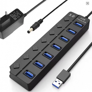 USB Hub 3.0 & 2.0 mit Netzteil – Multi USB Splitter Hub mit 4/7 Ports, High Speed Expander mit Schalter & 30 cm Kabel für PC, Laptop & Zubehör